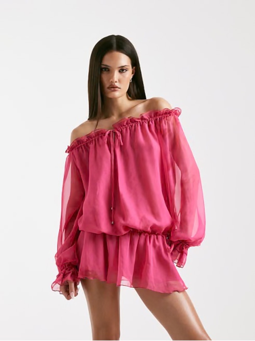 I AM GIA Jazmin Chiffon Bardot Plunge Tie Detailed Dress NWT